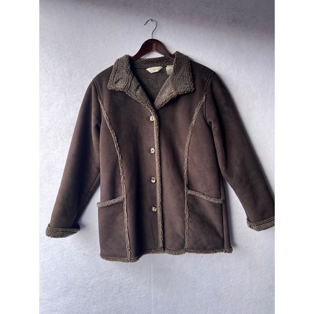Vintage LL Bean Womens Suede Sherpa Lined Jacket Brown Button Front Coat M Reg